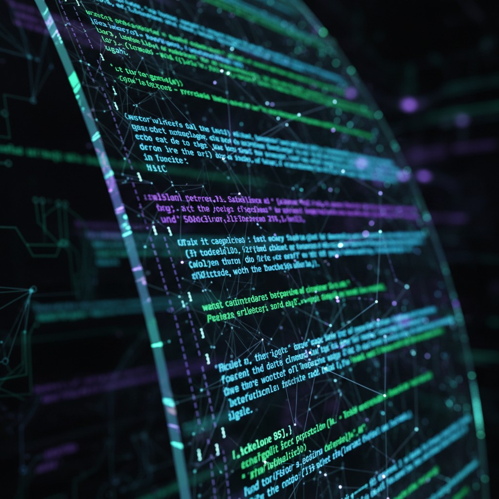 The image shows a futuristic computer screen with a graphic and text. The screen is black with a green and purple glow, an...